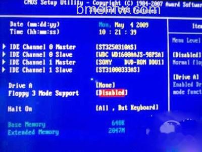 入后将“Drive A”设置为“None”